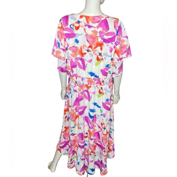 DKNY Women’s Smocked Pullover Hi Lo Hem Printed Flutter Sleeve Midi Dress Sz 18W - Picture 6 of 9